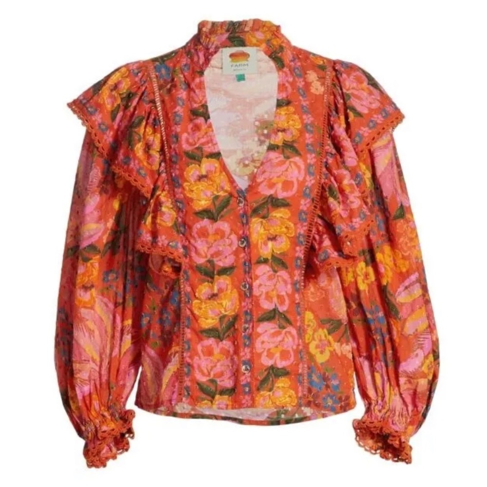FARM Rio Red Orange Floral Ruffled V-Neck Blouse - Picture 6 of 7
